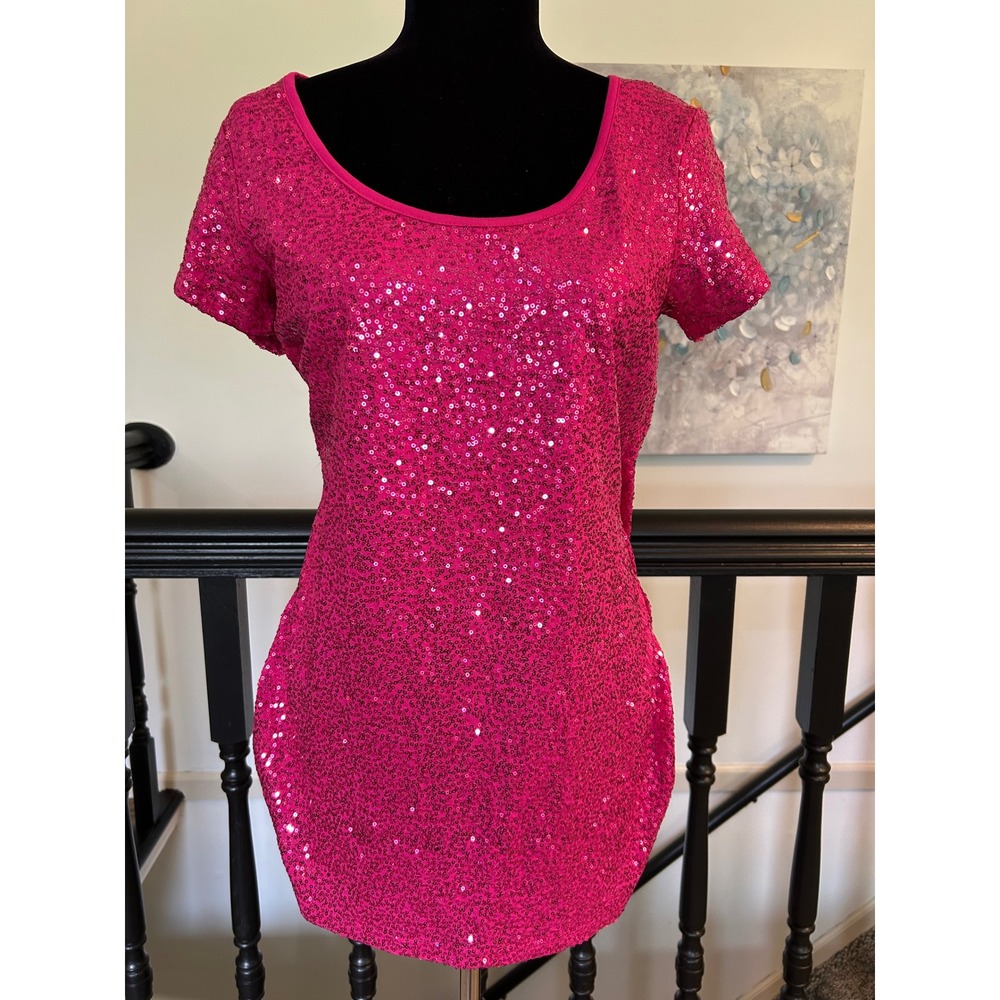 Lynn Ritchie Silver Womens Hot Pink Sequin Short Sleeve Scoop Neck Top M
